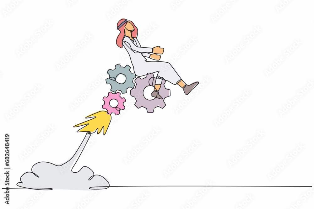 Poster single one line drawing arabian businessman riding gear rocket flying in the sky. mechanisms look fo