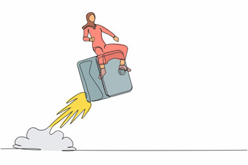 Single one line drawing Arab businesswoman riding safe deposit box rocket flying in sky. Keeping money in bank, protecting savings in safe. Secure finance. Continuous line design vector illustration