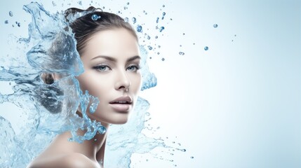 Beautiful spa woman with water splashes. Moisturizing facial skin, beauty and care