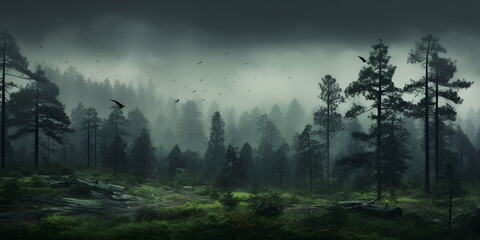 Serene Rainy Day in the Pine Forest: A Dreamy Landscape Unveiled