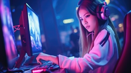 Girl streamer playing online fighting with Esport