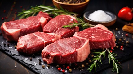 Fototapeta premium raw beef steaks with rosemarine