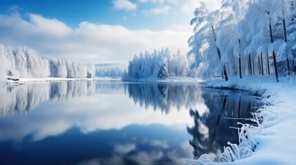 Winter landscape with beautiful reflection in the water