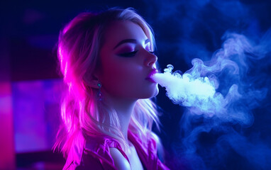 Beautiful girl vaping with a disposable pod on the neon light background