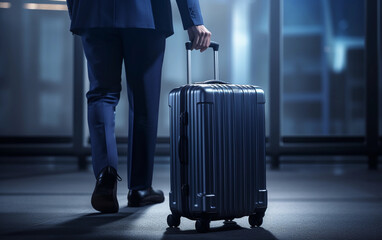 Business traveller in blue suit with dark blue suitcase, airport background. Waiting for the flight