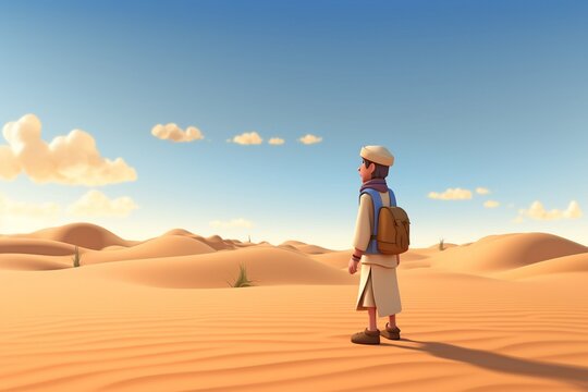 3D Muslim men on the desert cartoon
