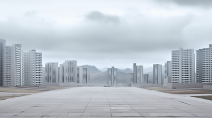 Empty square in the middle of a gloomy district with boring gray skyscrapers. Construction project, with mountains in the background. Unfinished new buildings. Uninhabited modern ghost city.