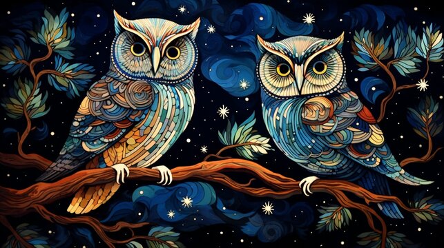 an image of a pair of Owls with intricate feather patterns, set against a starry night sky