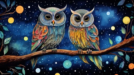 Poster an image of a pair of Owls with intricate feather patterns, set against a starry night sky © Wajid