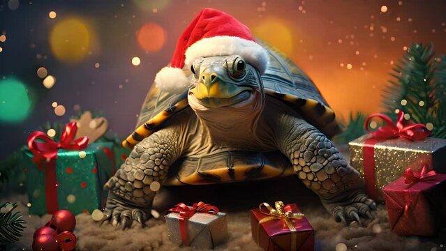 Christmas and New Year holidays concept. Cute turtle in Santa Claus red hat.