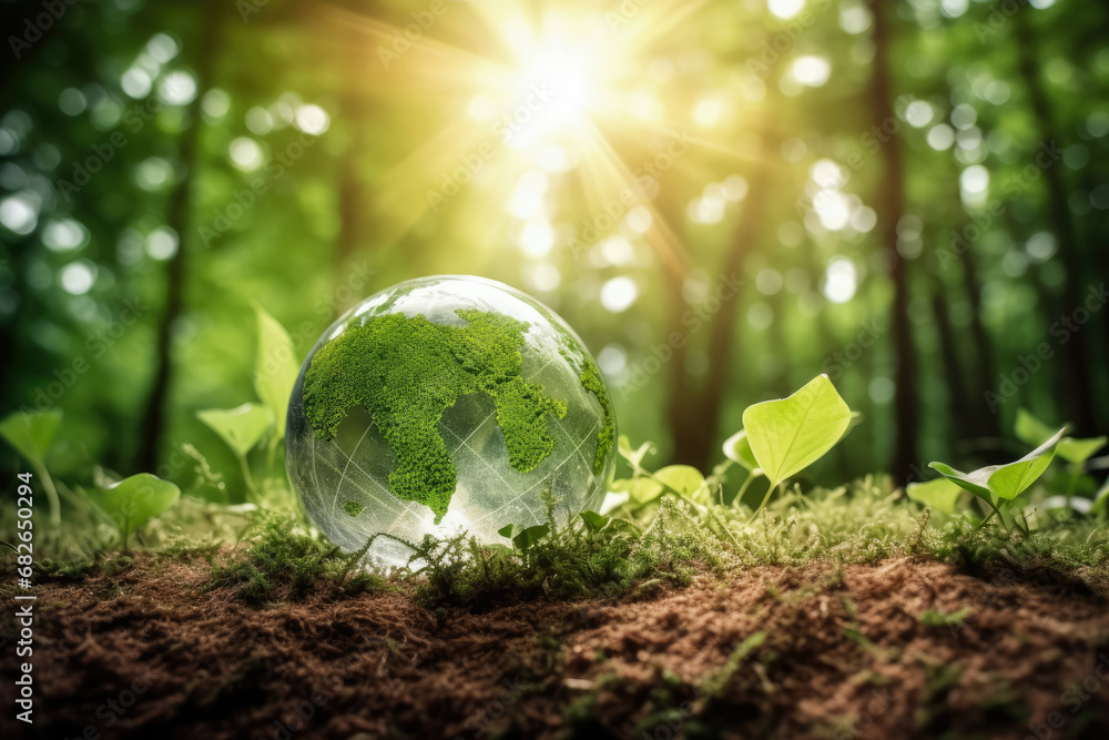 Wall mural Glass globe on green nature, Green energy for clean and sustainable environment, Earth Day - Wall murals