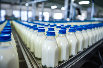 Dairy factory line bottles and packages delicious milk for distribution