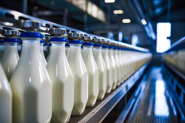 Dairy factory line bottles and packages delicious milk for distribution