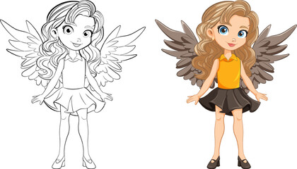 Beautiful Woman with Wings: Cartoon Character and Doodle Outline
