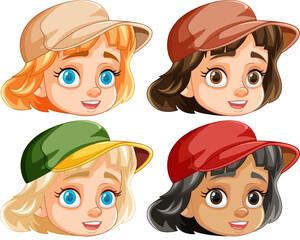 Smiling Girls Wearing Caps: A Vector Cartoon Illustration