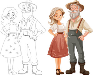 Happy Old Couple Farmer Cartoon Character