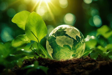 Glass globe on green nature, Green energy for clean and sustainable environment, Earth Day