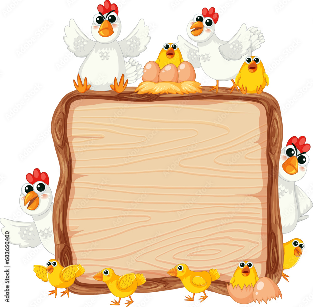 Wall mural hen, eggs, and chick on wooden board frame