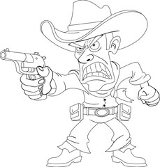 Angry Cowboy Holding Gun Cartoon Character Outline