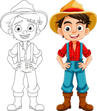 Happy Smiley Boy in Farmer Overalls Cartoon Character