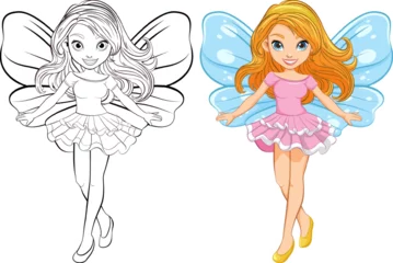 Fotobehang Kinderen Beautiful Fairy with Wings Cartoon Character and Outline