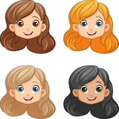 Papier Peint photo Lavable Enfants Smiling Cartoon Characters: Four Cute Girls with Happy Faces