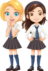 Papier Peint photo Enfants Two Cute Female Friends in School Uniform Cartoon
