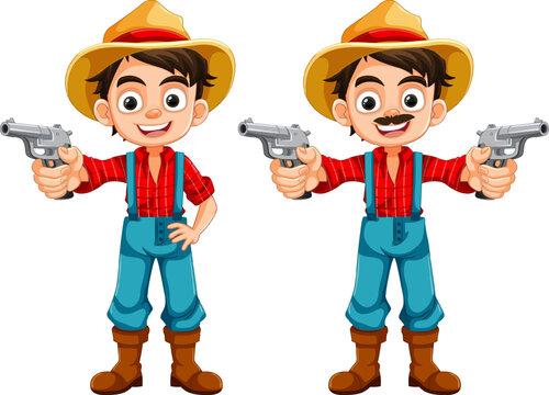 Young Cowboy in Country Farmer Clothes with Gun