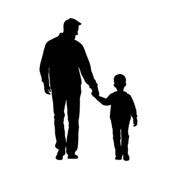 recommend clip art: Father with son silhouette, father and son walking hand by hand vector silhouette on white
