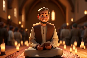 3D cartoon of Muslim men read book
