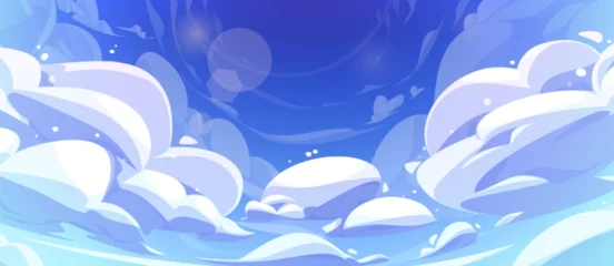 Foto auf Alu-Dibond Blue anime cloud heaven sky vector background. White cumulus cloudy air scene with gradient. Fluffy sunny game scenery panorama wallpaper. Beautiful outdoor carefree environment illustration © klyaksun