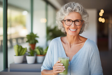 smiling senior woman with green smoothie in glass at home kitchen - obrazy, fototapety, plakaty