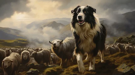 Fotobehang an image of a pet sheepdog herding a flock of contented sheep © Wajid