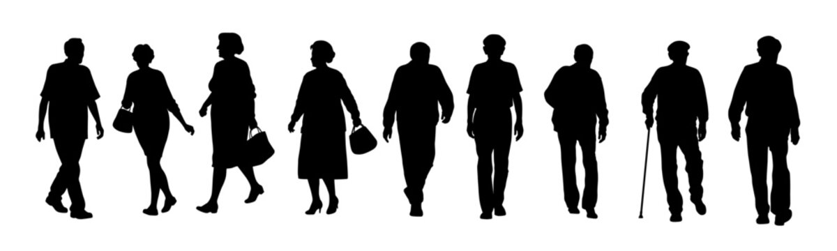 Elderly people walking on street silhouette, silhouettes of moving people crowd on street, man woman walking