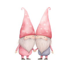 Watercolor illustration of pink couple gnomes, Cute character, Valentine concept, Isolated on background.