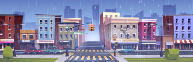 City street intersection in rainy weather. Vector cartoon illustration of cars on wet town road with water puddles, modern building facades with cafe and shops, traffic signs and lights, cloudy sky