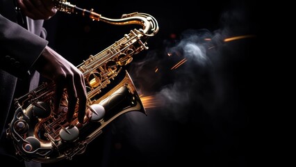 Close-up: A cool saxophonist wears a suit and performs an amazing solo. musician concept art - 682652216