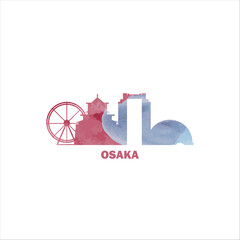 Osaka watercolor cityscape skyline city panorama vector flat modern logo, icon. Japan, Kansai megapolis emblem concept with landmarks and building silhouettes. Isolated graphic