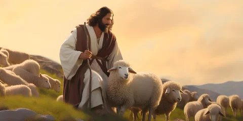 Fotobehang Jesus Christ, the good shepherd and sheep at green hill. AI generative © May Thawtar