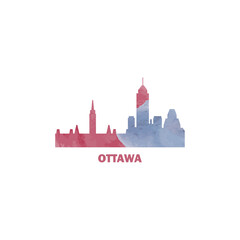 Naklejka premium Ottawa watercolor cityscape skyline city panorama vector flat modern logo, icon. Ontario province, Canada town emblem concept with landmarks and building silhouettes. Isolated graphic