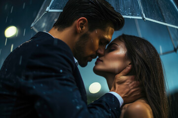 Couple sharing passionate kiss in rain, presenting deep emotional connection, authenticity, and romantic love. A profound moment of emotional intimacy