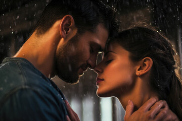 Couple sharing passionate kiss in rain, presenting deep emotional connection, authenticity, and romantic love. A profound moment of emotional intimacy