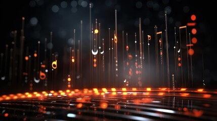 Music notes over points of light on a black background. Futuristic concepts, colors and retro...