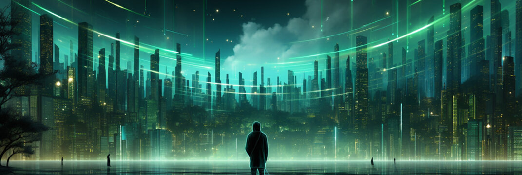 Wide banner image of an isolated man standing backward to the frame at the middle and looking at a futuristic buildings façade of an modern imaginative cyber technology city 