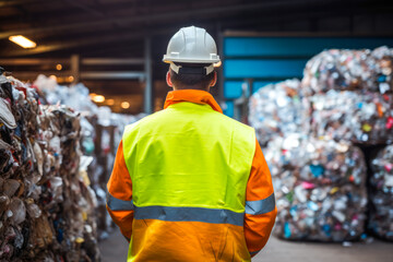 Rear view of male recycling worker looking at large piles materials at a recycling center. Concept of environmental awareness and recycling