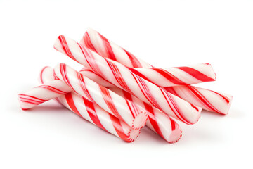 Christmas candy canes. Christmas stick. Traditional Christmas candy with red, green, and white stripes. Santa caramel cane with striped pattern isolated on a white background