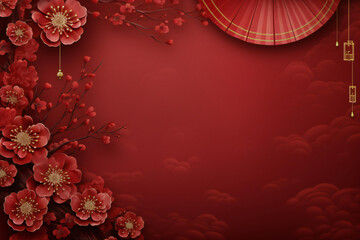 Happy Chinese New Year composition. Paper cut and blossom flowers on a red background. Chinese New Year red banner, modern background design with copy space