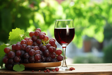Freshly picked red grapes and green grapes with wine glass on a wooden table, an atmosphere with soft and white tones	