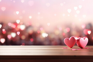 Valentine's Day themed background, with an empty pastel color wooden table for product display, abstract background with bokeh defocused lights.