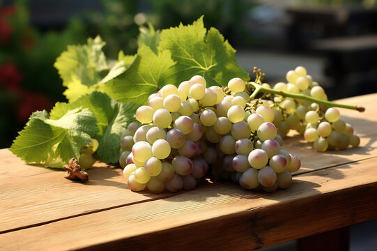 Freshly picked green grapes on a wooden table, an atmosphere with soft and white tones